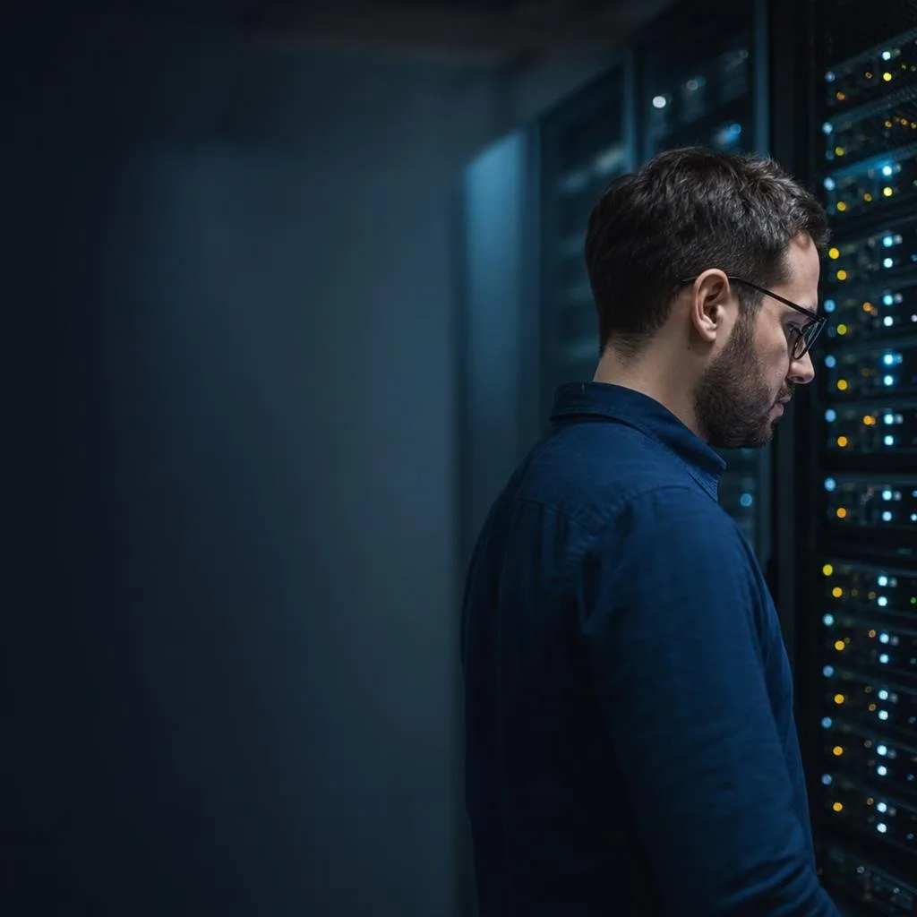 Secure server room with soft blue lighting